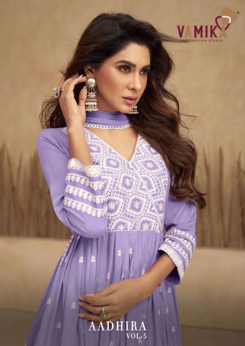 Aadhira Vol-5 By Vamika 1107-A To 1107-E Series Beautiful Sharara Suits Colorful Stylish Fancy Casual Wear & Ethnic Wear Pure Viscose Rayon Embroidery Dresses At Wholesale Price