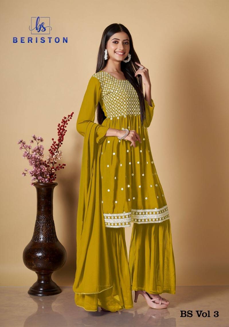 Bs Vol-3 By Beriston 301 To 304 Series Designer Sharara Suits Collection Beautiful Stylish Fancy Colorful Party Wear & Occasional Wear Georgette Print Dresses At Wholesale Price