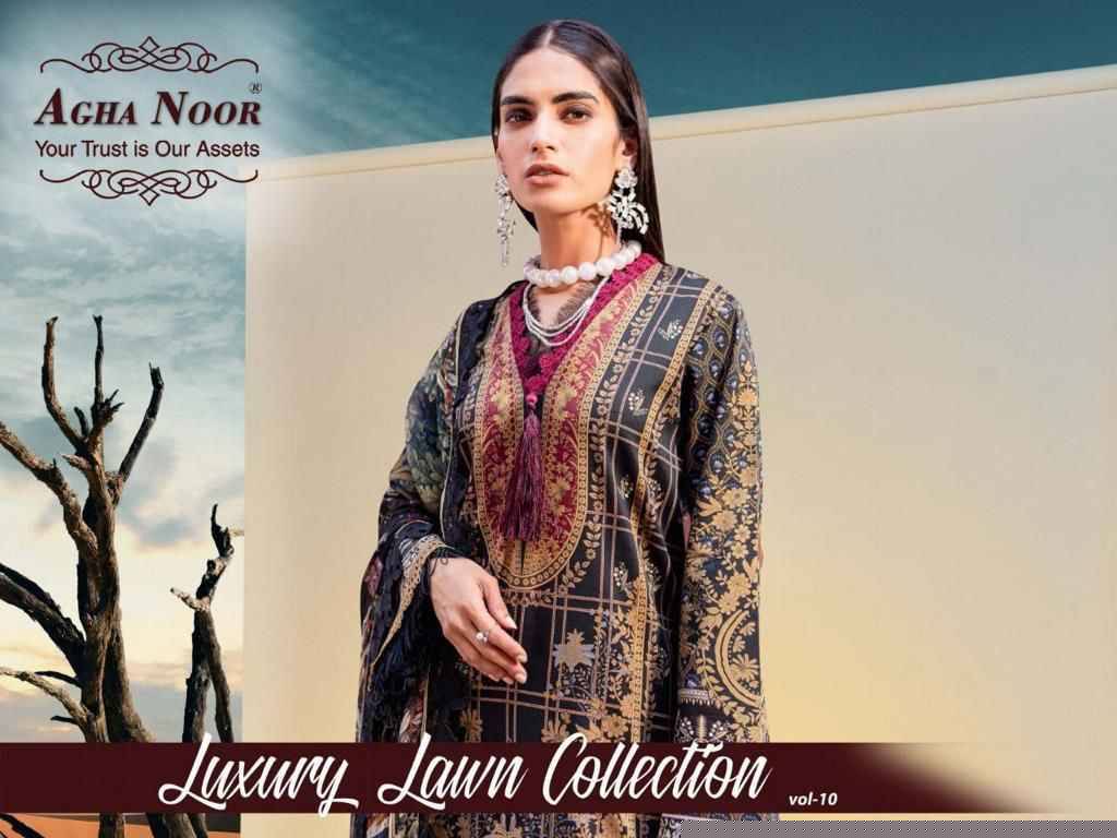 Luxury Lawn Collection Vol-10 By Agha Noor 10001 To 10008 Series Beautiful Pakistani Suits Stylish Fancy Colorful Party Wear & Occasional Wear Heavy Cotton Dresses At Wholesale Price
