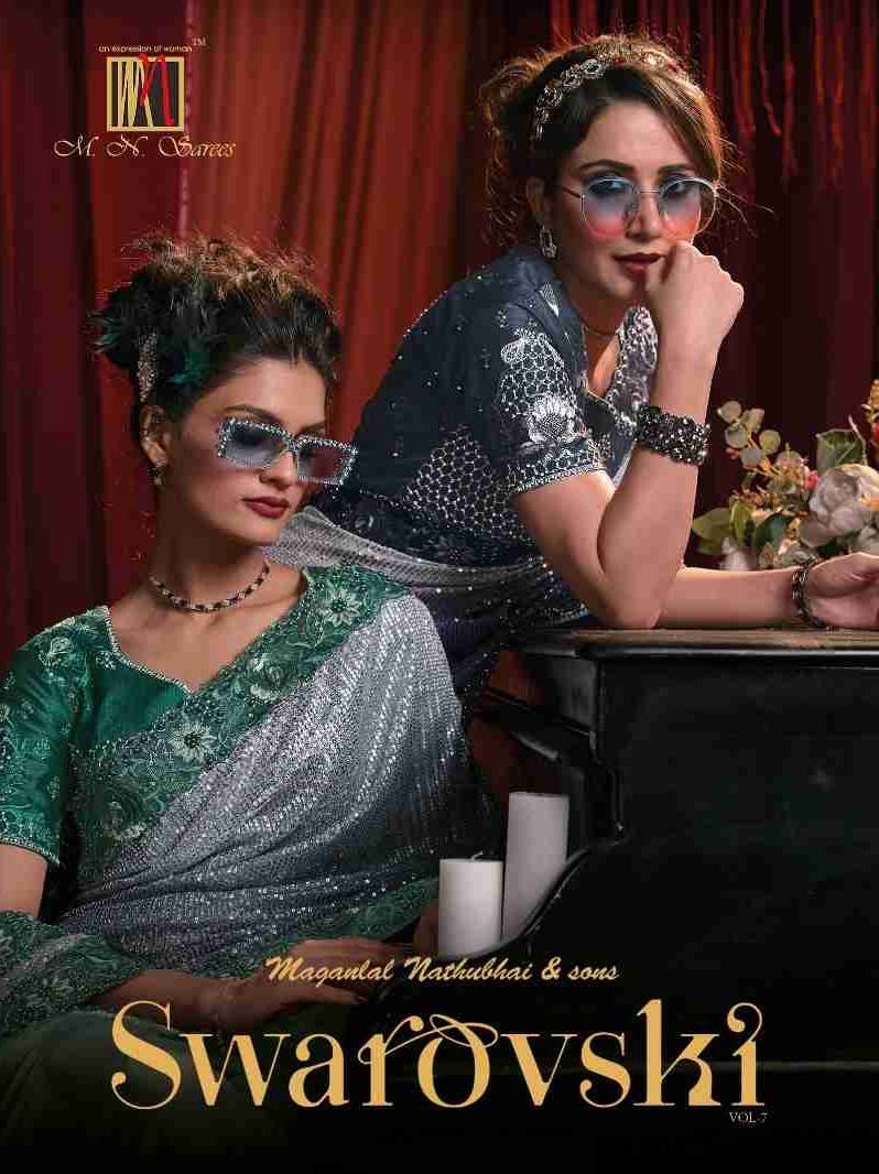 Swarovski Vol-7 By M.N. Sarees 6801 To 6812 Series Indian Traditional Wear Collection Beautiful Stylish Fancy Colorful Party Wear & Occasional Wear Organza/Net Sarees At Wholesale Price