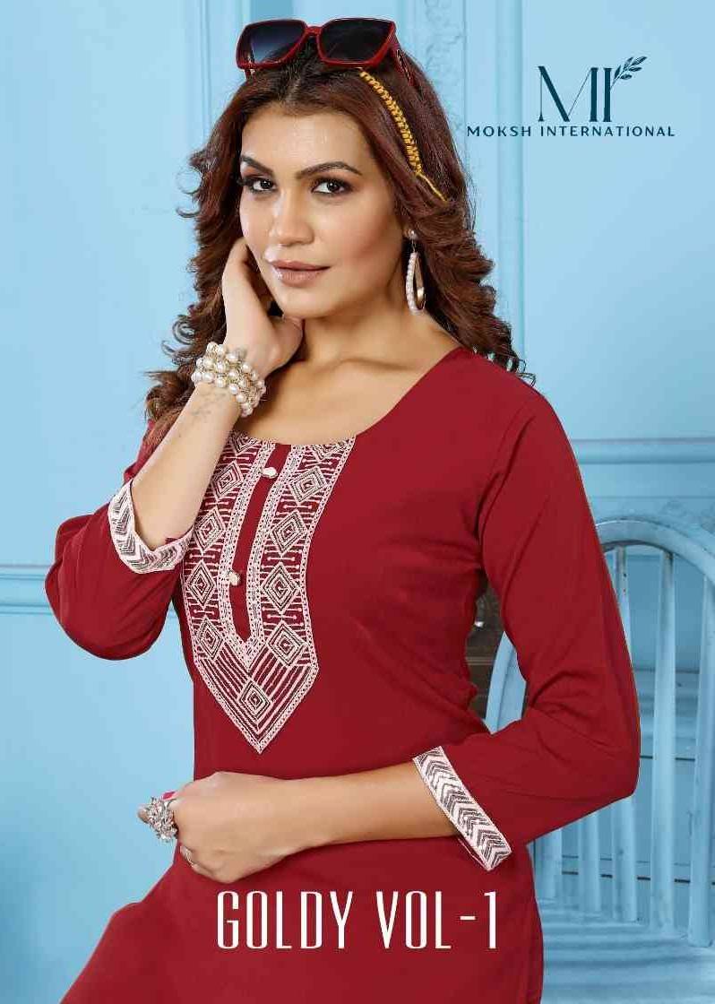 Goldy Vol-1 By Moksh International 6525 To 6529 Series Designer Festive Suits Collection Beautiful Stylish Fancy Colorful Party Wear & Occasional Wear Cotton Embroidered Kurtis With Bottom At Wholesale Price