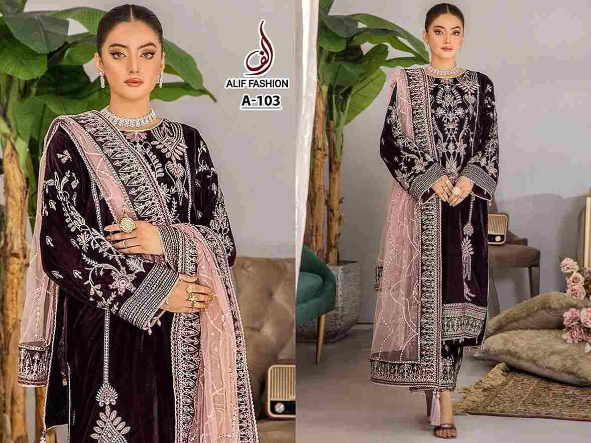 Alif Hit Design A-103 By Alif Fashion Pakistani Suits Collection Beautiful Stylish Fancy Colorful Party Wear & Occasional Wear Pure Velvet Embroidered Dresses At Wholesale Price
