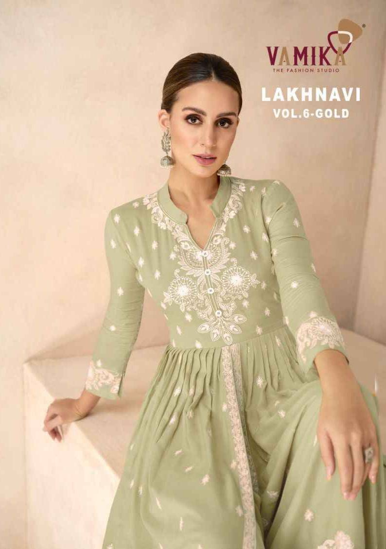 Lakhnavi Vol-6 Gold By Vamika 1031-A To 1031-E Series Beautiful Stylish Sharara Suits Fancy Colorful Casual Wear & Ethnic Wear & Ready To Wear Pure Rayon Printed Dresses At Wholesale Price
