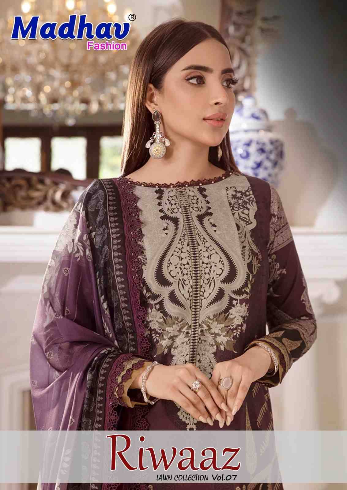 Riwaaz Vol-7 By Madhav Fashion 7001 To 7006 Series Beautiful Stylish Suits Fancy Colorful Casual Wear & Ethnic Wear & Ready To Wear Pure Lawn Cotton Dresses At Wholesale Price