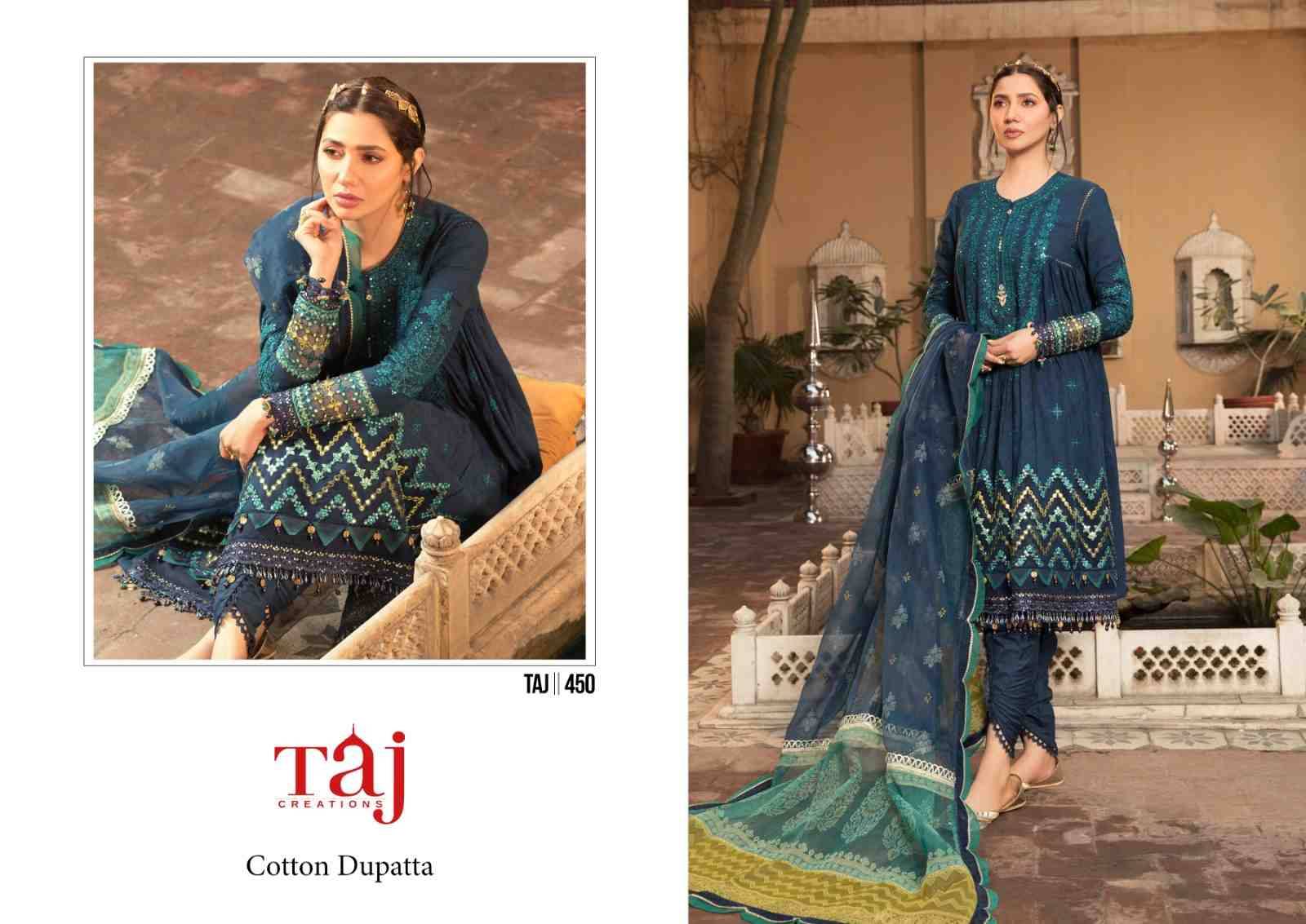 Taj Hit Design 450 By Taj Creation Beautiful Pakistani Suits Colorful Stylish Fancy Casual Wear & Ethnic Wear Pure Cotton Print With Embroidered Dresses At Wholesale Price
