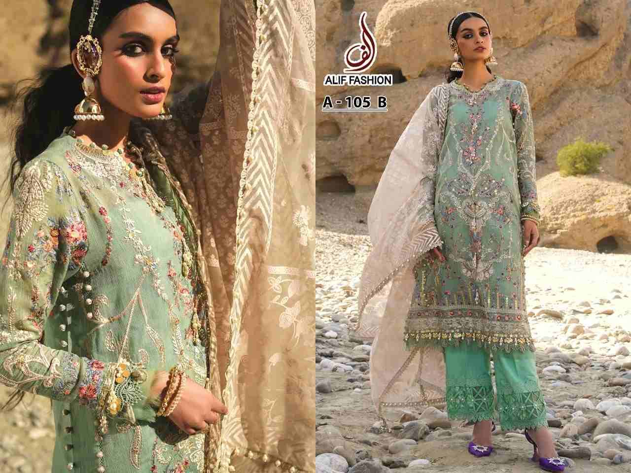 Alif Hit Design A-105 Colours By Alif Fashion A-105-A To A-105-B Series Beautiful Pakistani Suits Colorful Stylish Fancy Casual Wear & Ethnic Wear Faux Georgette Embroidered Dresses At Wholesale Price