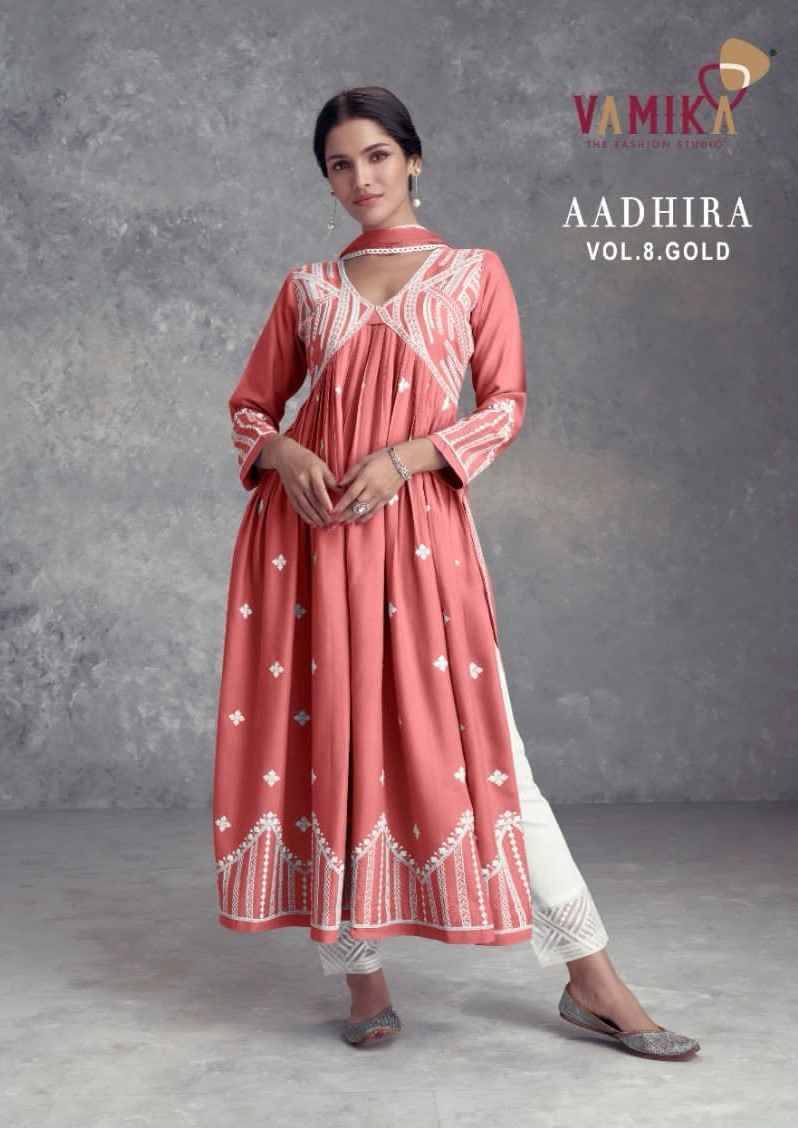 Aadhira Vol-8 Gold By Vamika 1110-F To 1110-J Series Beautiful Festive Suits Colorful Stylish Fancy Casual Wear & Ethnic Wear Pure Viscose Rayon Embroidery Dresses At Wholesale Price