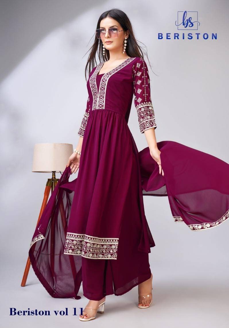 Bs Vol-11 By Beriston 1101 To 1105 Series Beautiful Sharara Suits Colorful Stylish Fancy Casual Wear & Ethnic Wear Georgette Embroidered Dresses At Wholesale Price