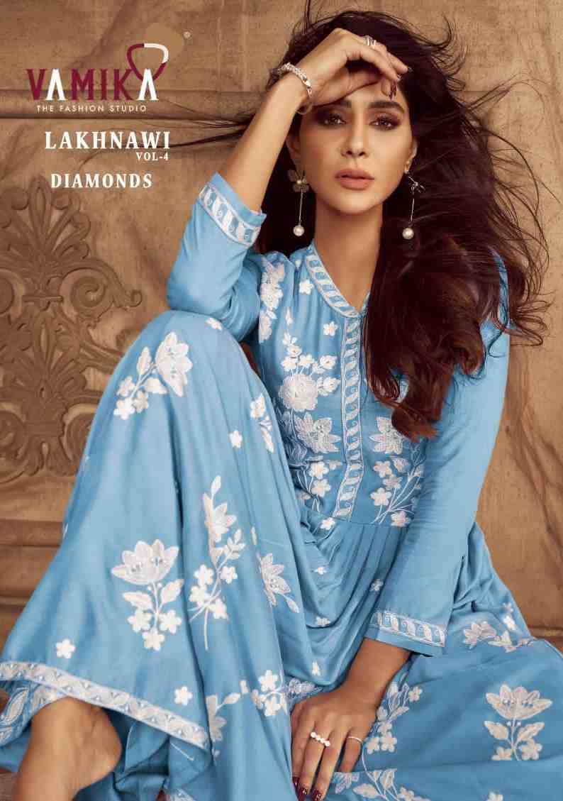 Lakhnawi Vol-4 Diamond By Vamika 1024-M To 1024-Q Series Beautiful Stylish Suits Fancy Colorful Casual Wear & Ethnic Wear & Ready To Wear Heavy Rayon Dresses At Wholesale Price