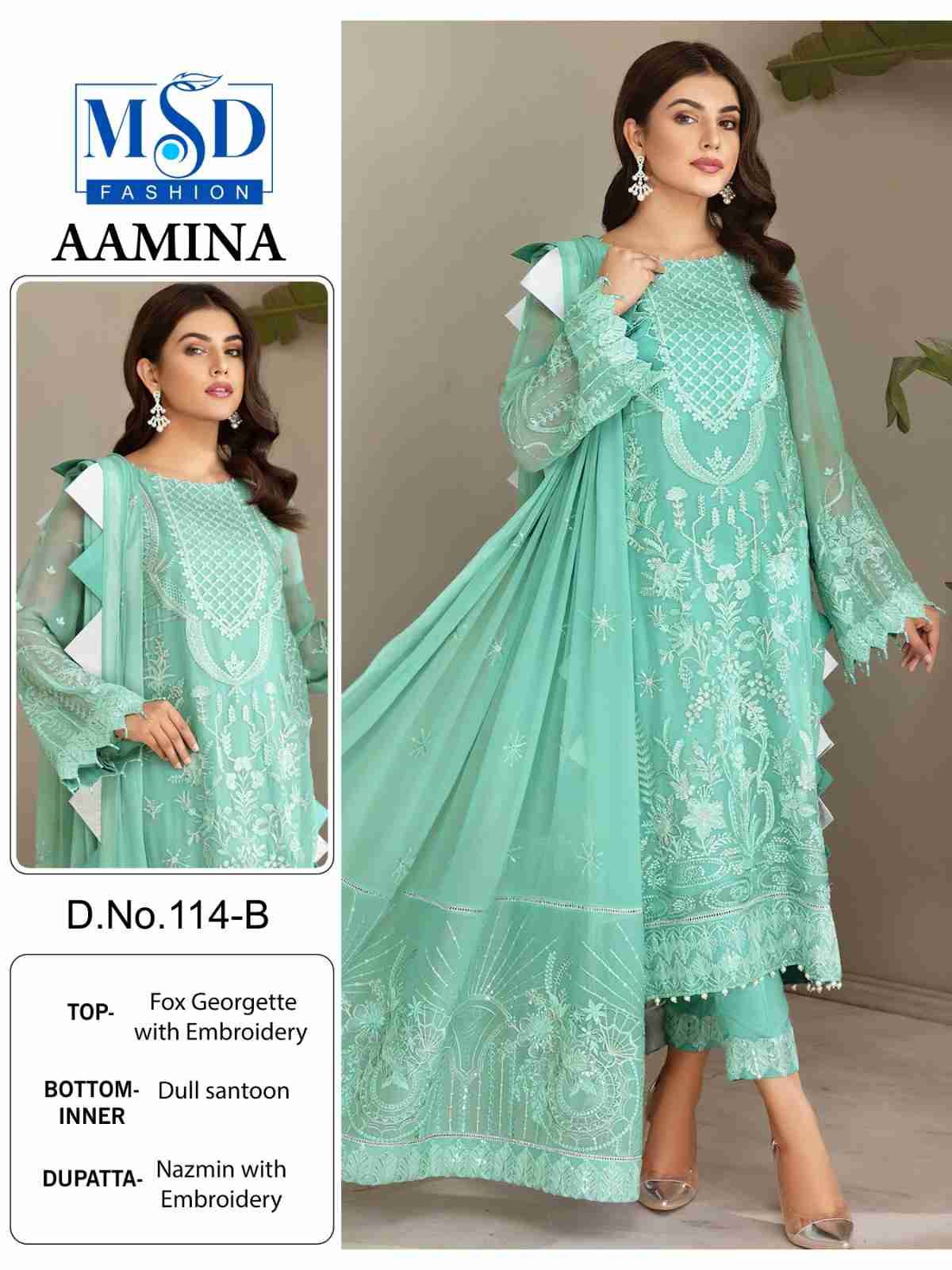 Aamina By MSD Fashion 114-A To 114-D Series Beautiful Pakistani Suits Colorful Stylish Fancy Casual Wear & Ethnic Wear Faux Georgette Embroidered Dresses At Wholesale Price