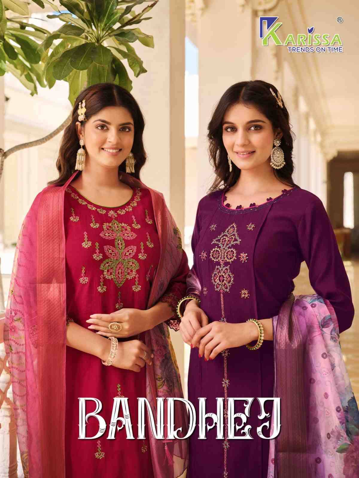 Bandhej By Karissa 1001 To 1004 Series Beautiful Festive Suits Colorful Stylish Fancy Casual Wear & Ethnic Wear Viscose Silk Embroidered Dresses At Wholesale Price