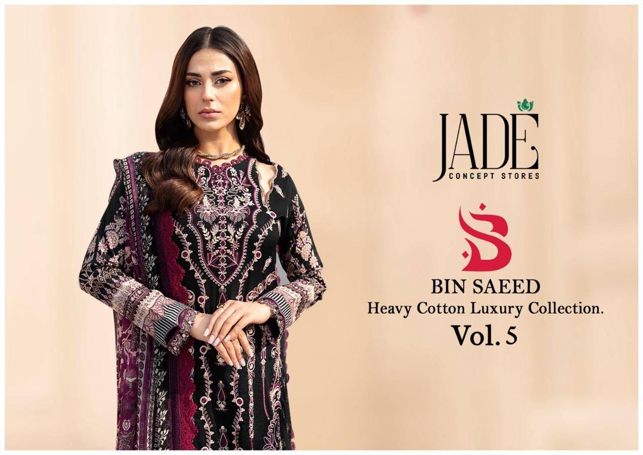 Bin Saeed Vol-5 By Jade 501 To 506 Series Beautiful Festive Suits Stylish Fancy Colorful Casual Wear & Ethnic Wear Pure Lawn Cotton Print Dresses At Wholesale Price