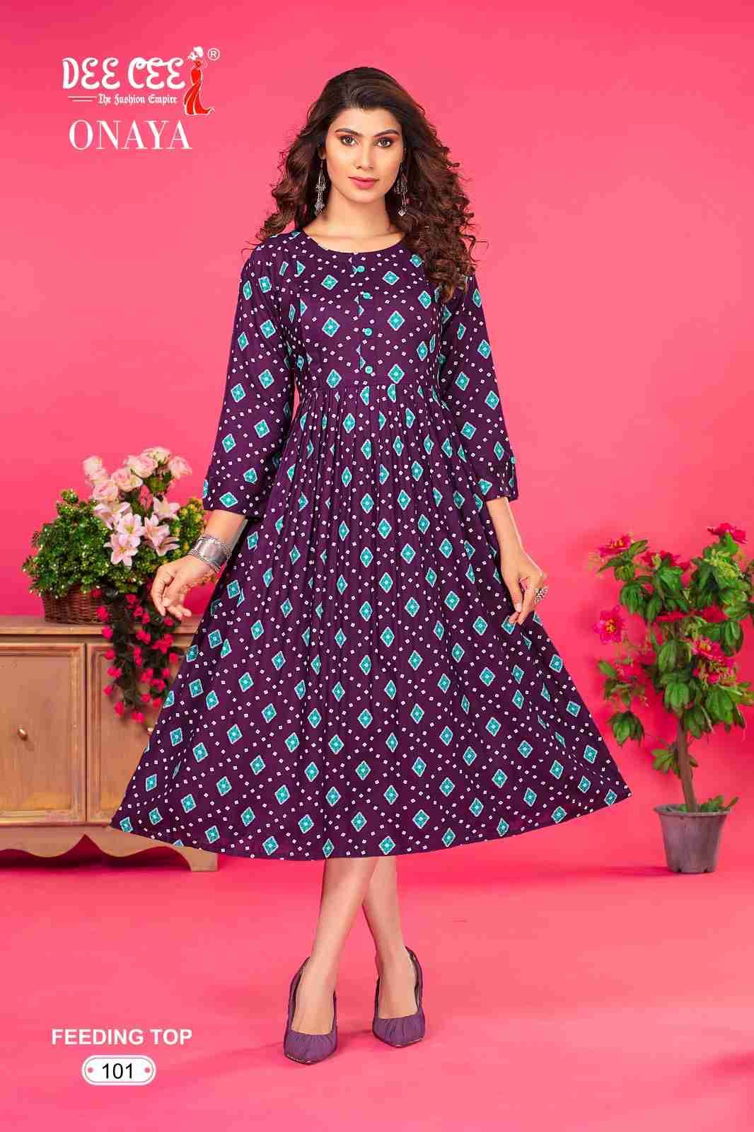 ONAYA BY DEE CEE 101 TO 106 SERIES DESIGNER STYLISH FANCY COLORFUL BEAUTIFUL PARTY WEAR & ETHNIC WEAR COLLECTION HEAVY RAYON PRINT KURTIS AT WHOLESALE PRICE