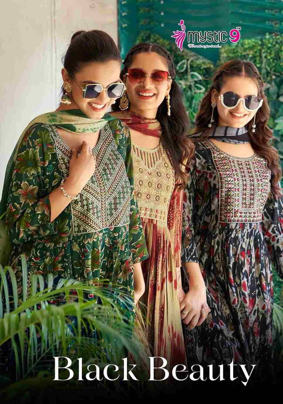 Black Beauty By Mystic 9 1001 To 1008 Series Beautiful Suits Colorful Stylish Fancy Casual Wear & Ethnic Wear Rayon Foil Print Dresses At Wholesale Price