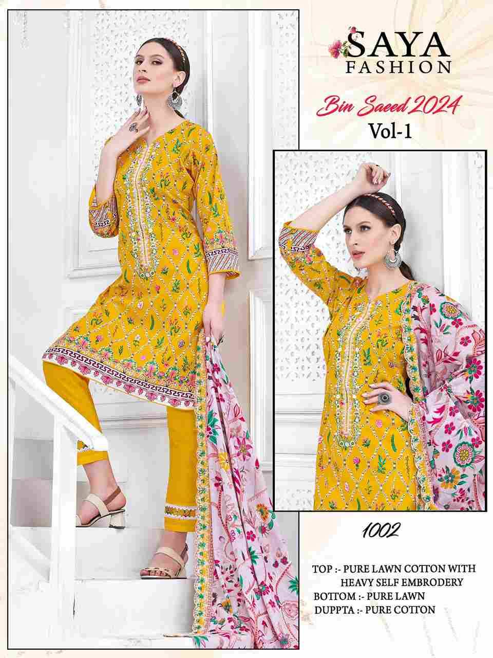 Bin Saeed-2024 Vol-1 By Saya Fashion 1001 To 1004 Series Designer Pakistani Suits Beautiful Stylish Fancy Colorful Party Wear & Occasional Wear Pure Lawn Cotton Print Dresses At Wholesale Price