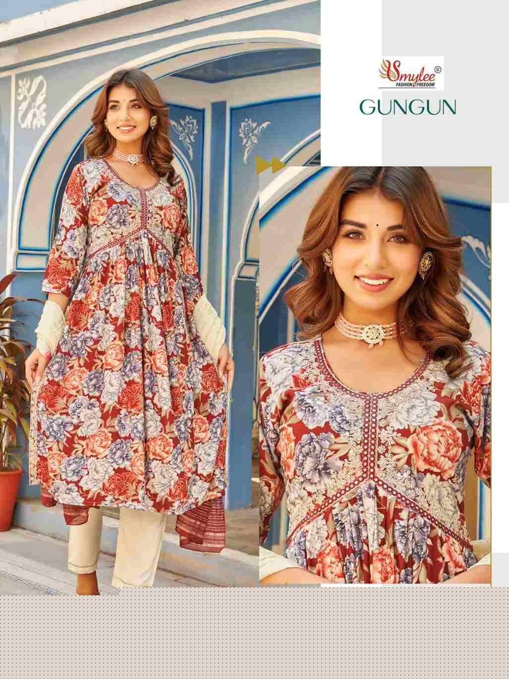 Gungun By Smylee 01 To 06 Series Designer Festive Suits Beautiful Fancy Stylish Colorful Party Wear & Occasional Wear Rayon Foil Print Embroidered Dresses At Wholesale Price