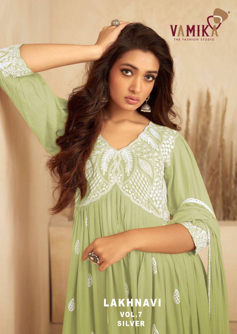 Lakhnavi Vol-7 Silver By Vamika 1038-F To 1038-J Series Beautiful Stylish Sharara Suits Fancy Colorful Casual Wear & Ethnic Wear & Ready To Wear Pure Rayon Printed Dresses At Wholesale Price