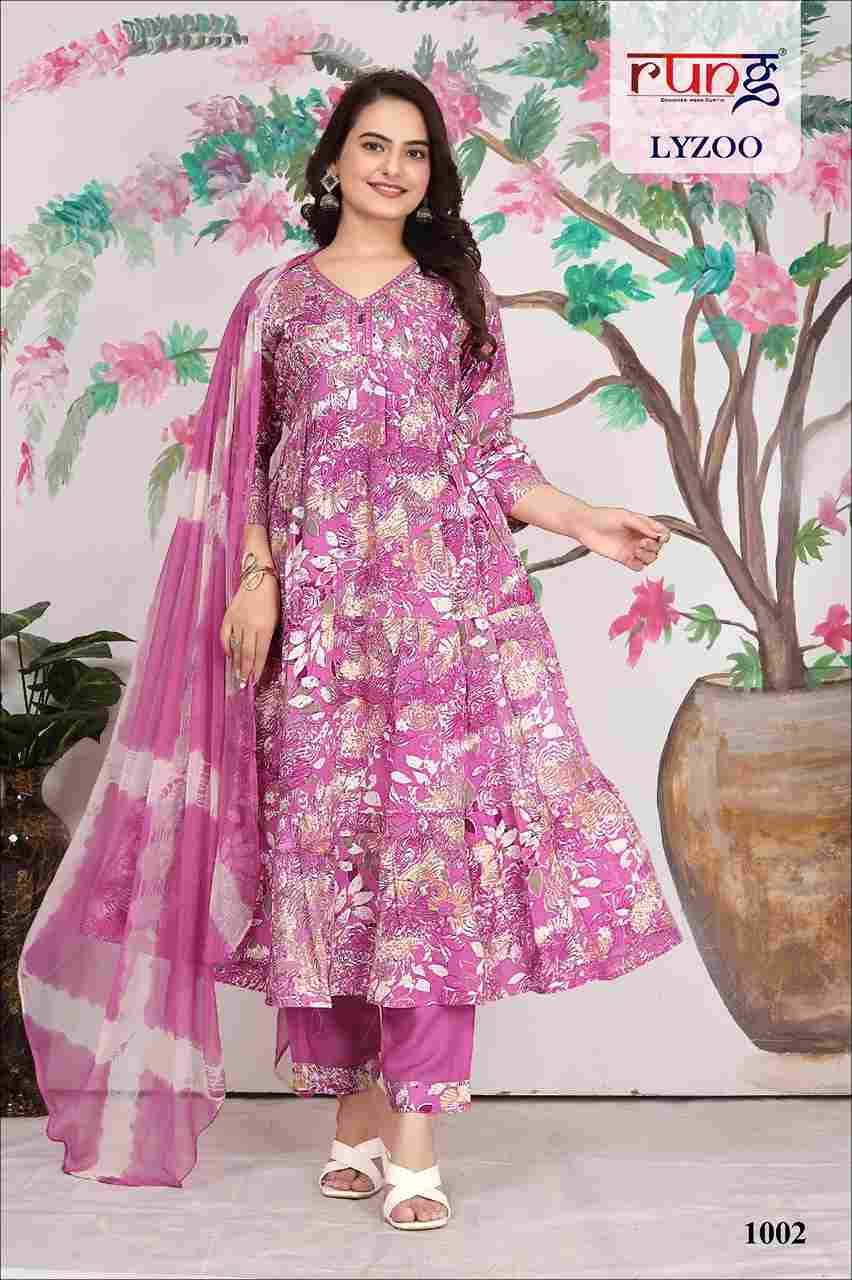 Lyzoo By Rung 1001 To 1006 Series Designer Festive Suits Beautiful Fancy Stylish Colorful Party Wear & Occasional Wear Rayon Foil Print Embroidered Dresses At Wholesale Price