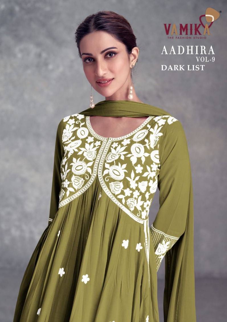 Aadhira Vol-9 Dark List By Vamika 1111-F To 1111-J Series Beautiful Festive Suits Colorful Stylish Fancy Casual Wear & Ethnic Wear Pure Viscose Rayon Embroidery Dresses At Wholesale Price