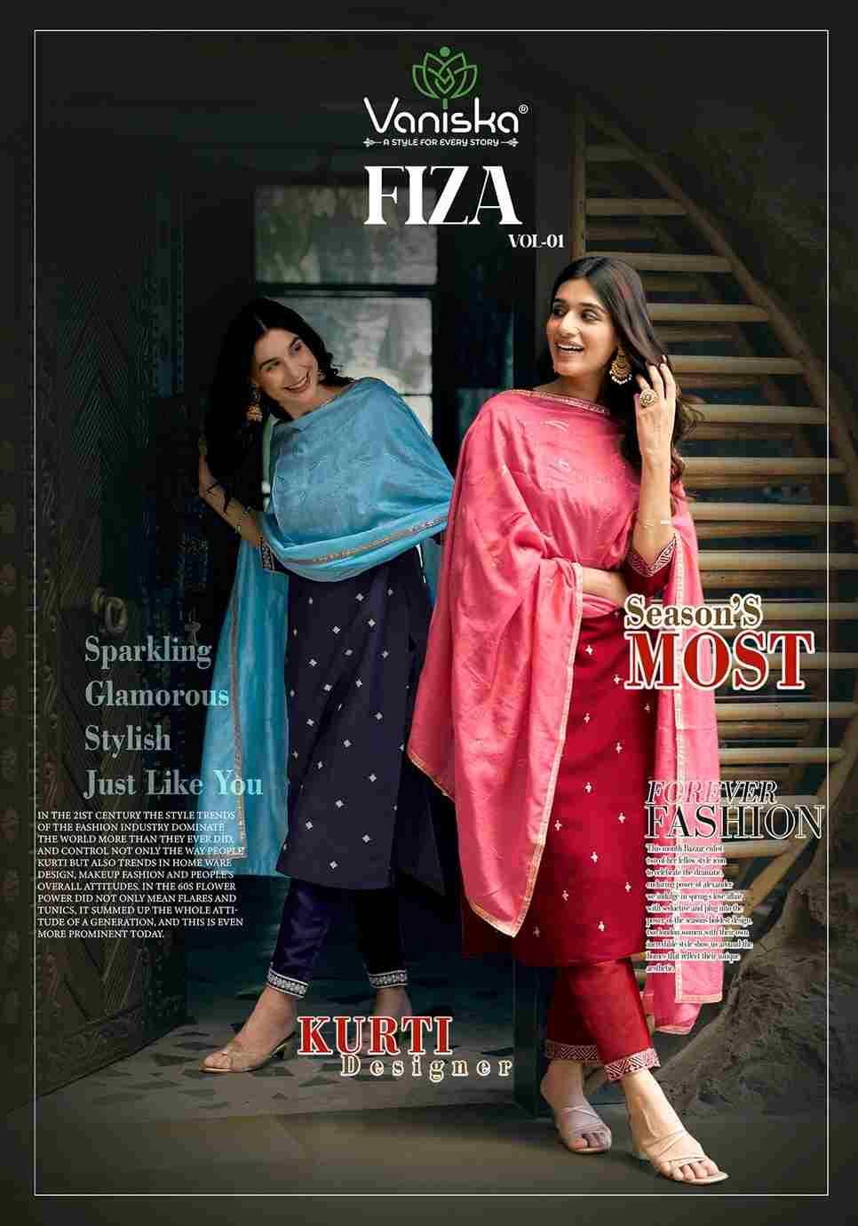 Fiza Vol-1 By Vaniska 1001 To 1006 Series Designer Festive Suits Collection Beautiful Stylish Fancy Colorful Party Wear & Occasional Wear Roman Silk Dresses At Wholesale Price
