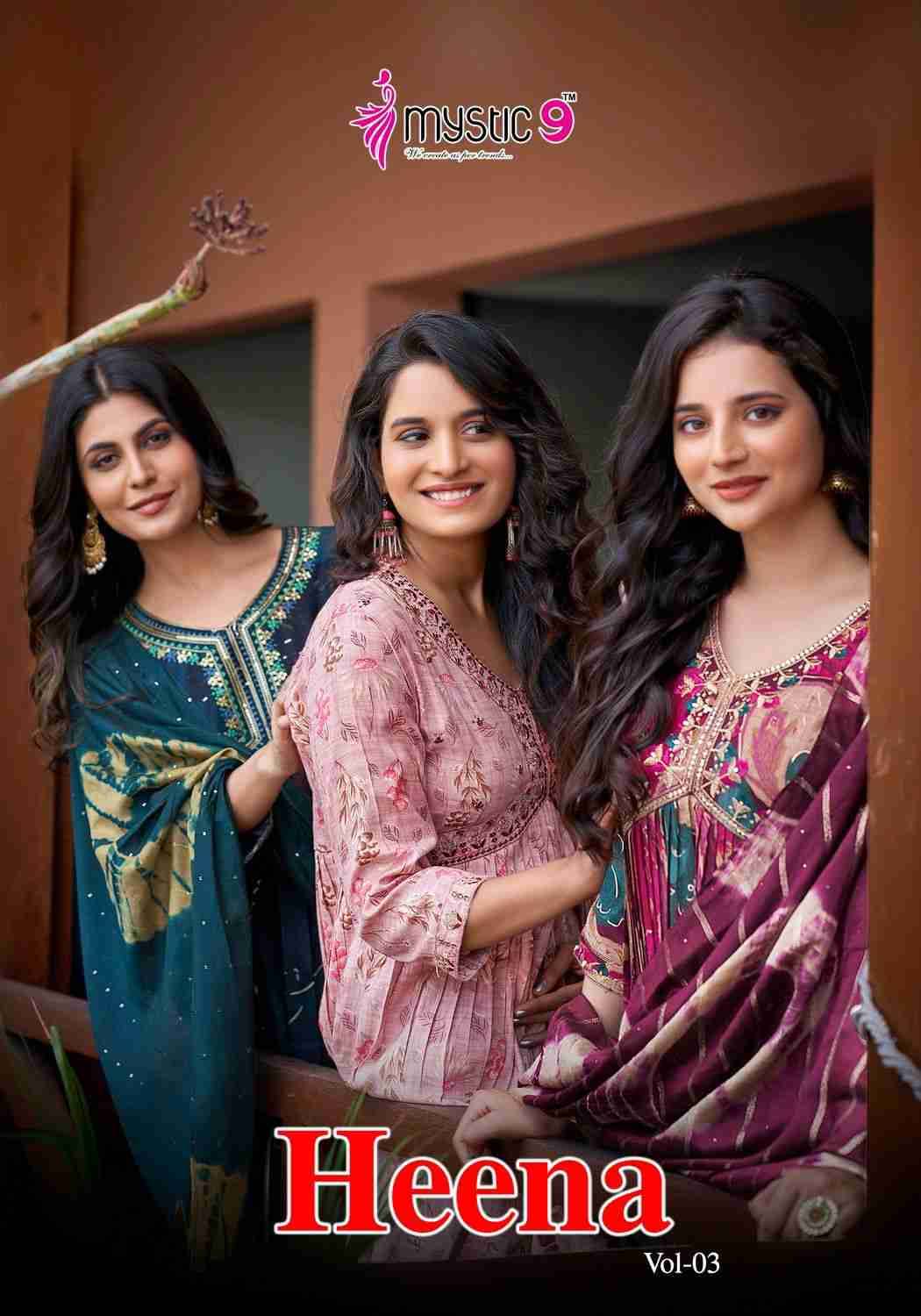 Heena Vol-3 By Mystic 9 3001 To 3008 Series Beautiful Suits Colorful Stylish Fancy Casual Wear & Ethnic Wear Rayon Print Dresses At Wholesale Price