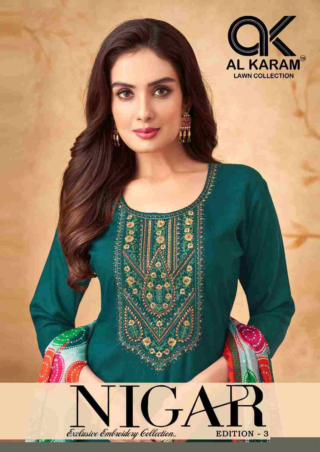 Nigar Vol-3 By Al Karam Lawn Collection 3001 To 3006 Series Beautiful Festive Suits Stylish Fancy Colorful Casual Wear & Ethnic Wear Heavy Rayon Slub Print Dresses At Wholesale Price