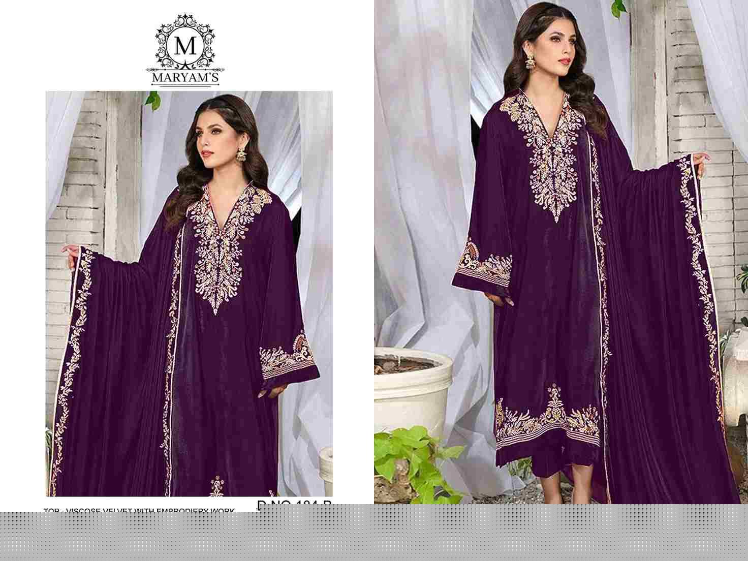 Maryams 184 Colours By Maryams 184-A To 184-D Series Pakistani Suits Beautiful Fancy Colorful Stylish Party Wear & Occasional Wear Viscose Velvet Embroidery Dresses At Wholesale Price