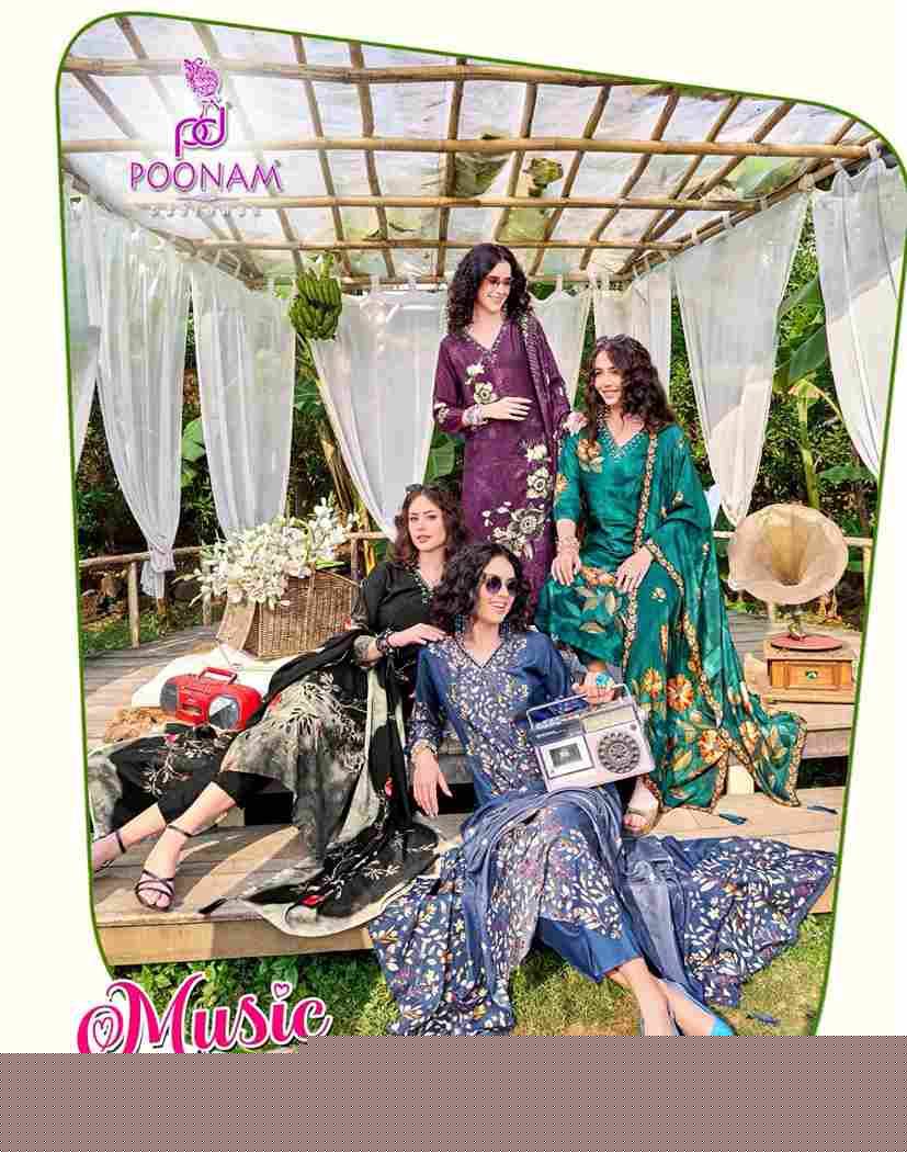 Music Party By Poonam Designer 1001 To 1004 Series Suits Beautiful Fancy Colorful Stylish Party Wear & Occasional Wear Pure Muslin Dresses At Wholesale Price
