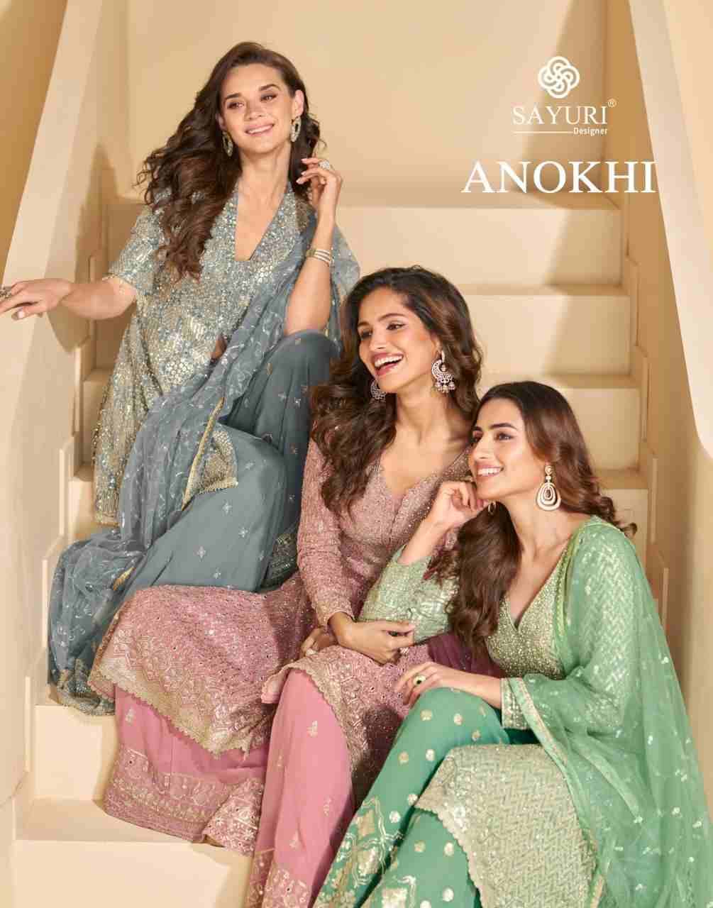 Anokhi By Sayuri 10013 To 10015 Series Beautiful Sharara Suits Colorful Stylish Fancy Casual Wear & Ethnic Wear Georgette Embroidery Dresses At Wholesale Price