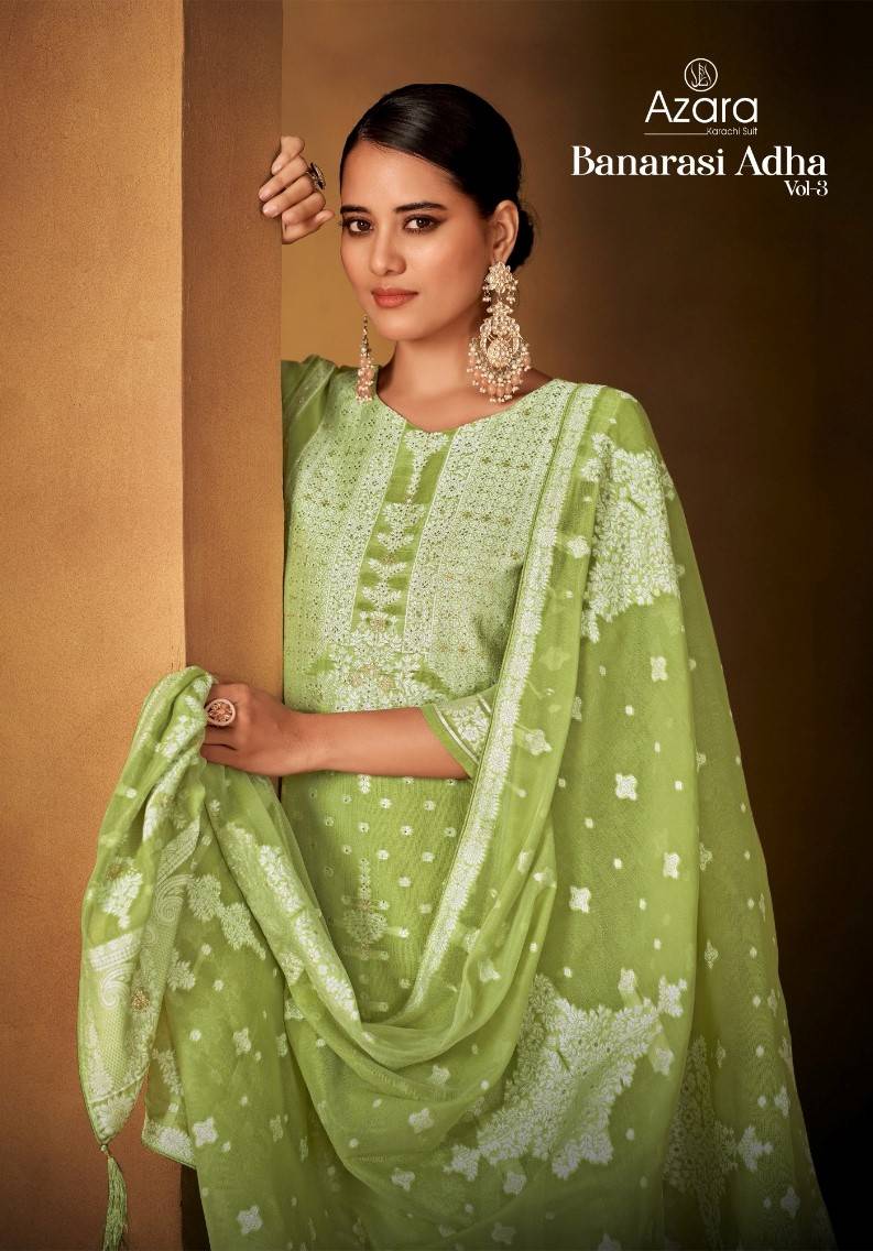 Banarashi Adah Vol-3 By Azara 107-001 To 107-006 Series Beautiful Stylish Festive Suits Fancy Colorful Casual Wear & Ethnic Wear & Ready To Wear Jacquard Cotton Print Dresses At Wholesale Price