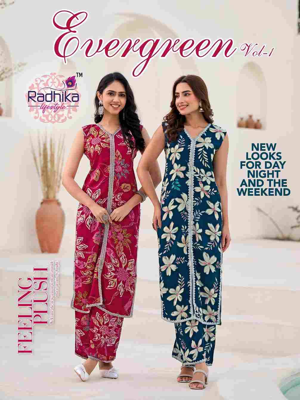 Evergreen Vol-1 By Radhika Lifestyle 1001 To 1008 Series Designer Pakistani Suits Collection Beautiful Stylish Fancy Colorful Party Wear & Occasional Wear Rayon Foil Kurtis With Bottom At Wholesale Price
