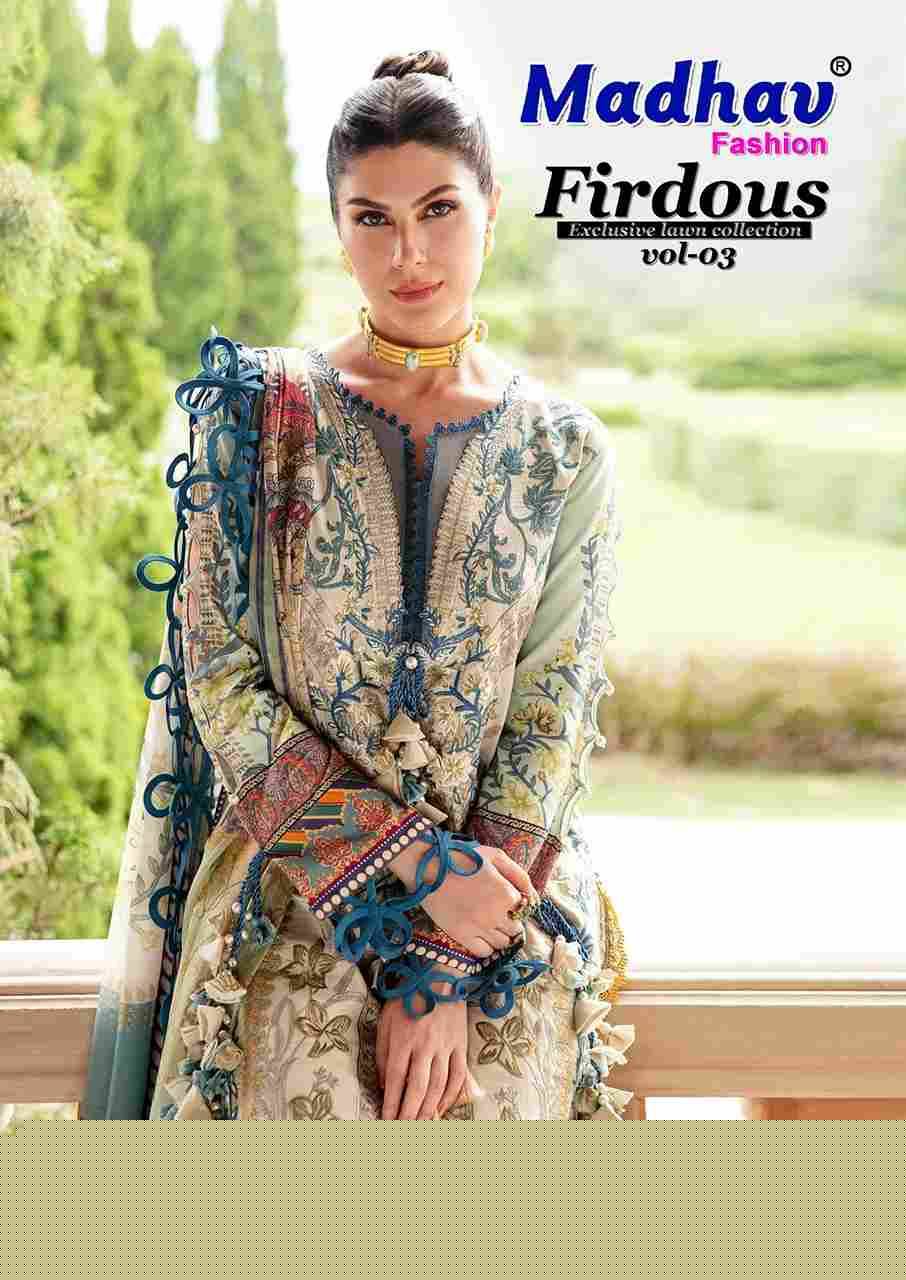 Firdous Vol-3 By Madhav Fashion 3001 To 3006 Series Beautiful Stylish Suits Fancy Colorful Casual Wear & Ethnic Wear & Ready To Wear Pure Lawn Cotton Dresses At Wholesale Price