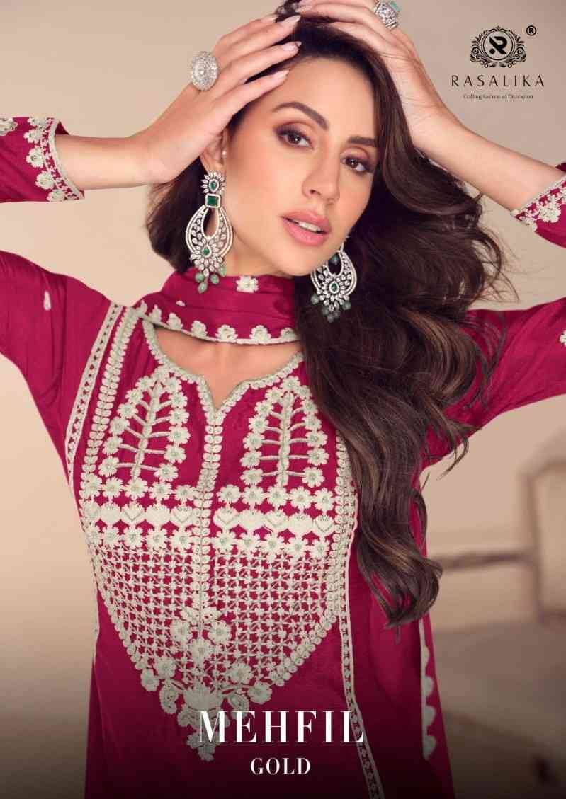 Mehfil Gold By Rasalika 1121-E To 1121-H Series Designer Sharara Suits Beautiful Fancy Colorful Stylish Party Wear & Occasional Wear Heavy Chinnon Silk Dresses At Wholesale Price