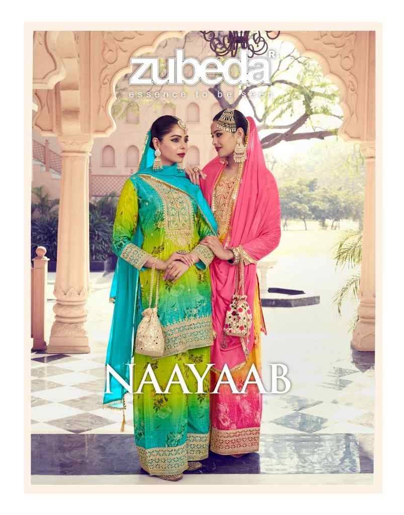 Naayaab By Zubeda 745 To 747 Series Designer Sharara Suits Beautiful Fancy Colorful Stylish Party Wear & Occasional Wear Chinnon Silk Dresses At Wholesale Price