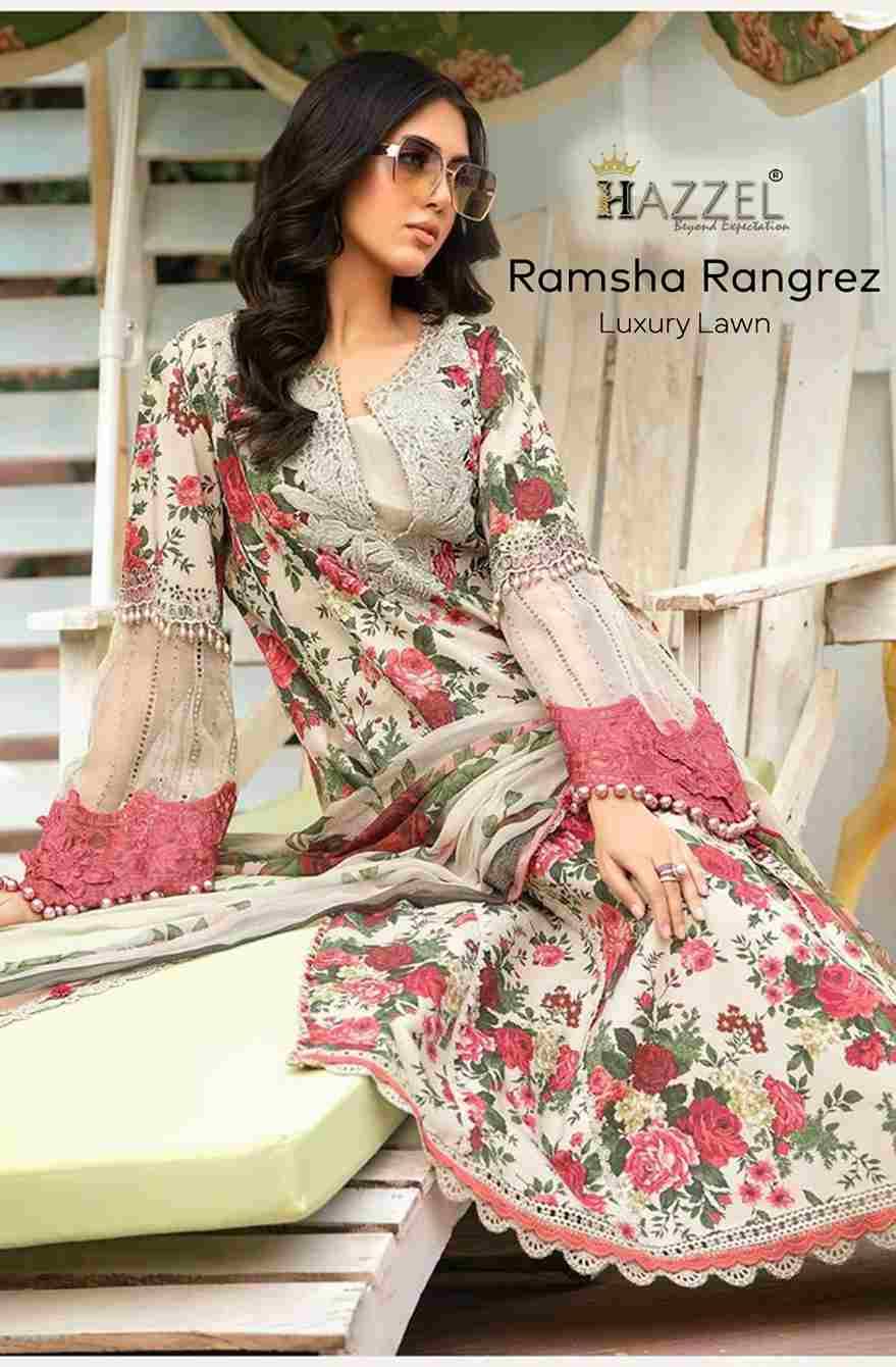 Ramsha Rangrez Luxury Lawn By Hazzel Designer Festive Pakistani Suits Collection Beautiful Stylish Fancy Colorful Party Wear & Occasional Wear Heavy Cotton Print With Patch Work Dresses At Wholesale Price