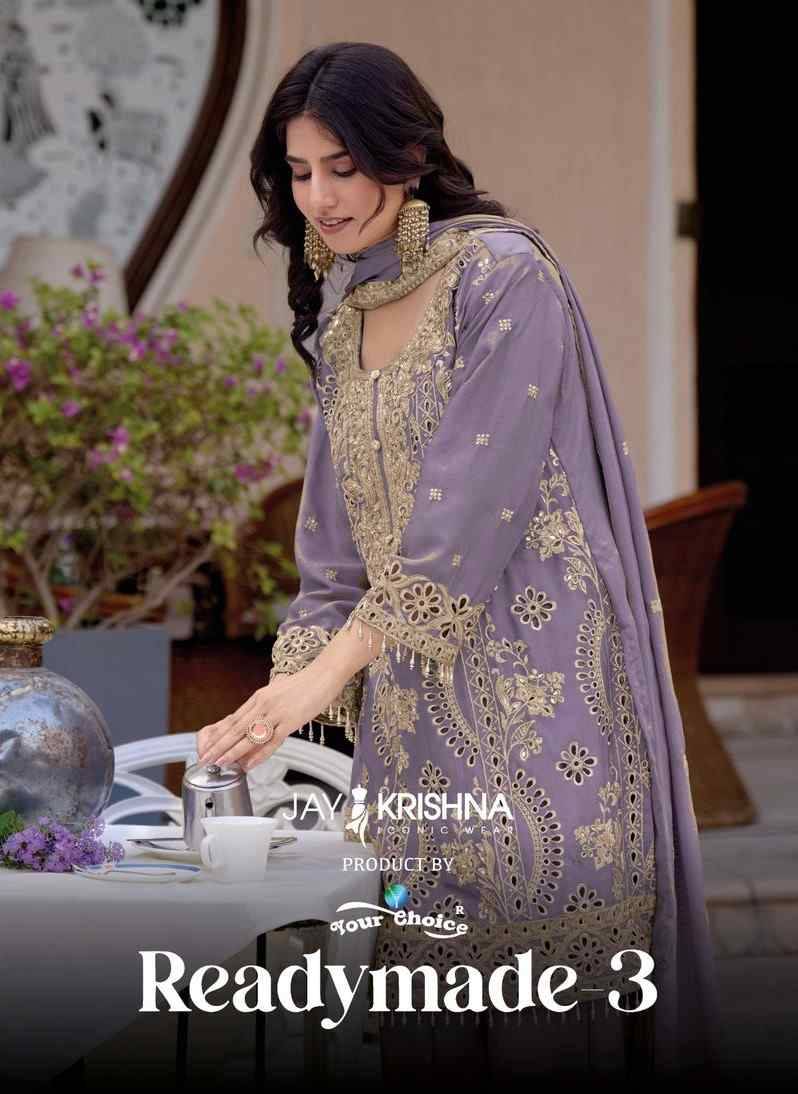 Readymade Vol-3 By Jay Krishna 3001 To 3003 Series Beautiful Stylish Sharara Suits Fancy Colorful Casual Wear & Ethnic Wear & Ready To Wear Heavy Chinnon Dresses At Wholesale Price
