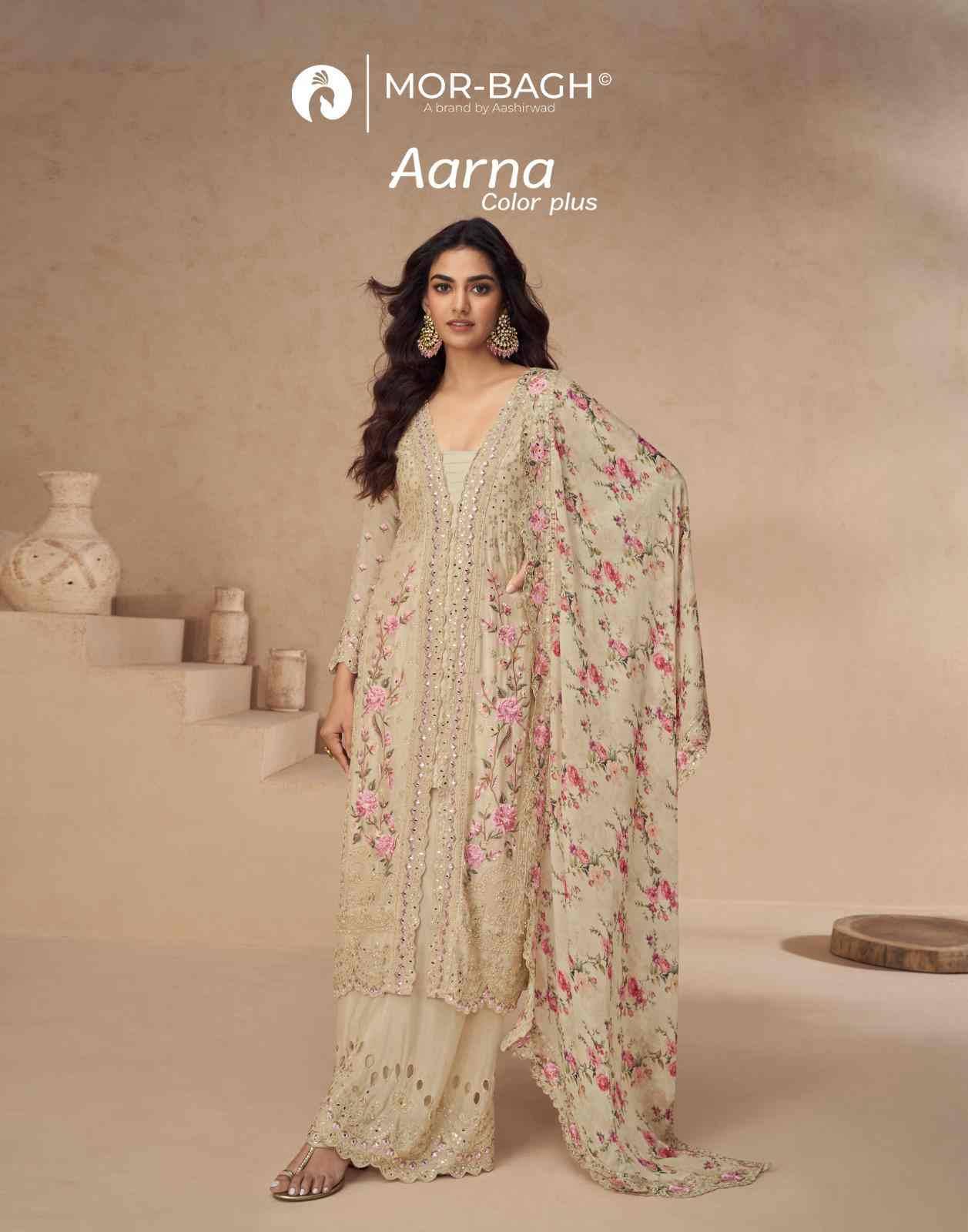 Aarna Color Plus By Mor-Bagh 10394 To 10398 Series Beautiful Festive Suits Colorful Stylish Fancy Casual Wear & Ethnic Wear Chinnon Silk With Work Dresses At Wholesale Price