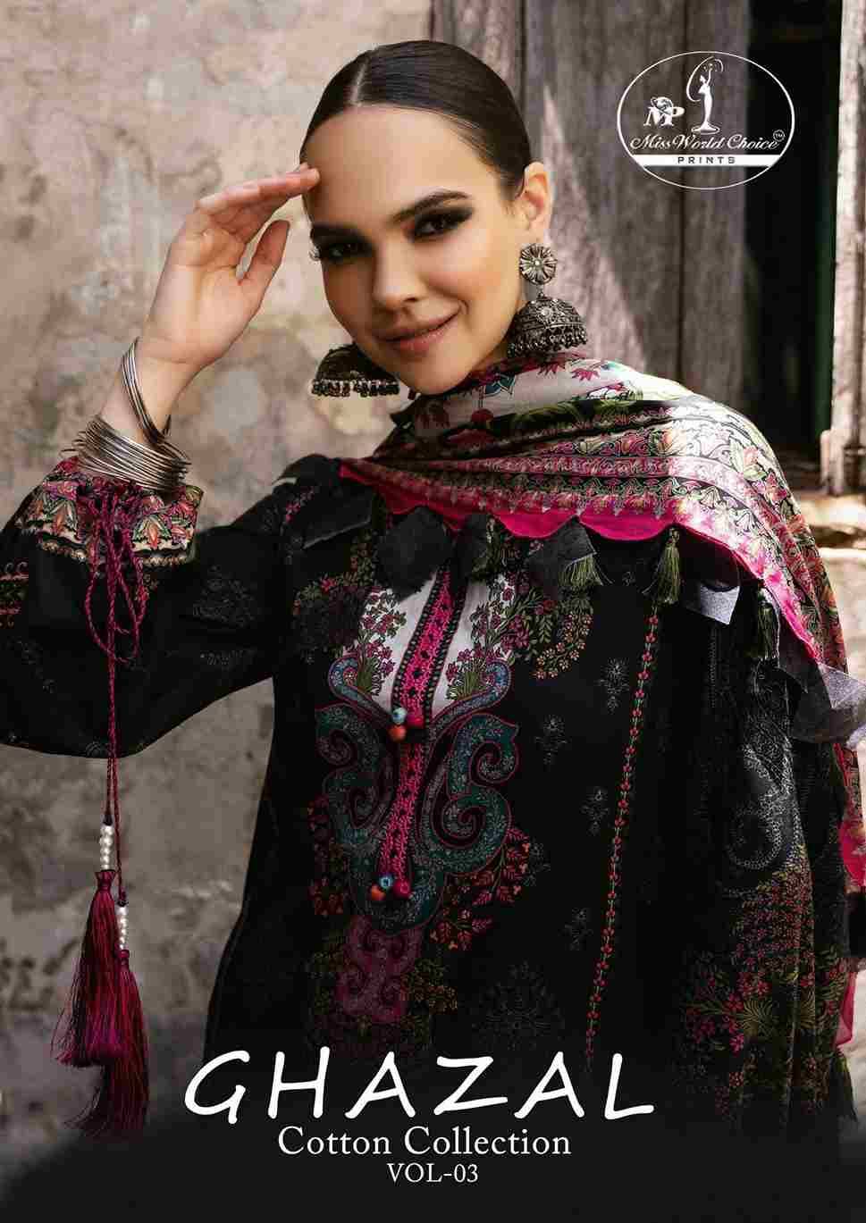 Ghazal Vol-3 By Miss World Choice 3001 To 3006 Series Beautiful Festive Suits Colorful Stylish Fancy Casual Wear & Ethnic Wear Pure Cotton Embroidered Dresses At Wholesale Price