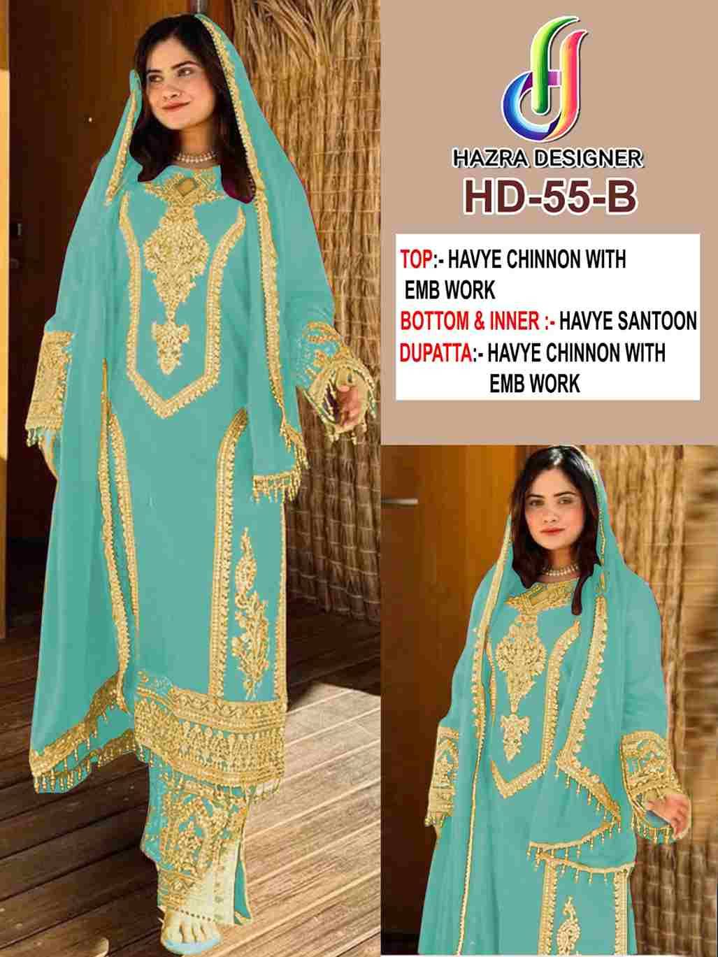 Hazra Hit Design 55 Colours By Hazra Designer 55-A To 55-C Series Beautiful Pakistani Suits Stylish Fancy Colorful Party Wear & Occasional Wear Heavy Chinnon Embroidered Dresses At Wholesale Price