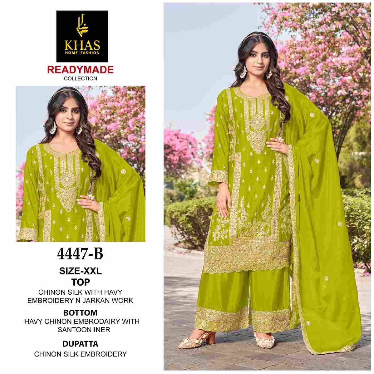 Khas 4447 Colours By Khas 4447-A To 4447-C Series Beautiful Pakistani Suits Colorful Stylish Fancy Casual Wear & Ethnic Wear Chinnon Silk Embroidered Dresses At Wholesale Price