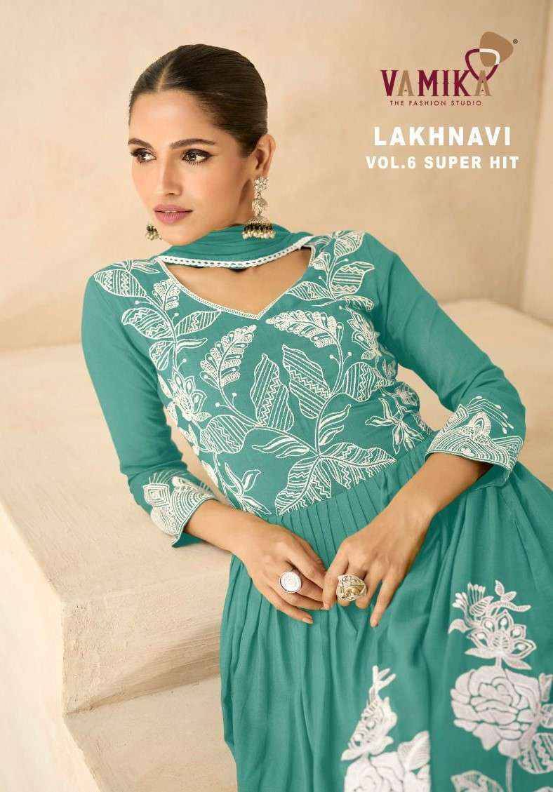 Lakhnavi Vol-6 Super Hit By Vamika 1033-A To 1033-E Series Beautiful Stylish Sharara Suits Fancy Colorful Casual Wear & Ethnic Wear & Ready To Wear Pure Rayon Printed Dresses At Wholesale Price