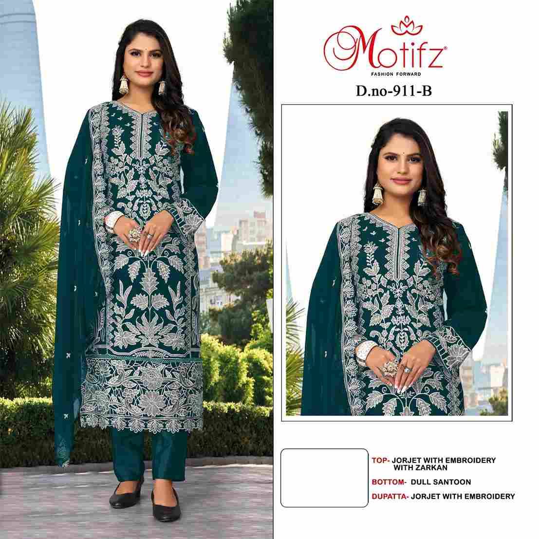 Motifz Hit Design 911 Colours By Motifz 911-A To 911-D Series Beautiful Pakistani Suits Colorful Stylish Fancy Casual Wear & Ethnic Wear Georgette Embroidered Dresses At Wholesale Price