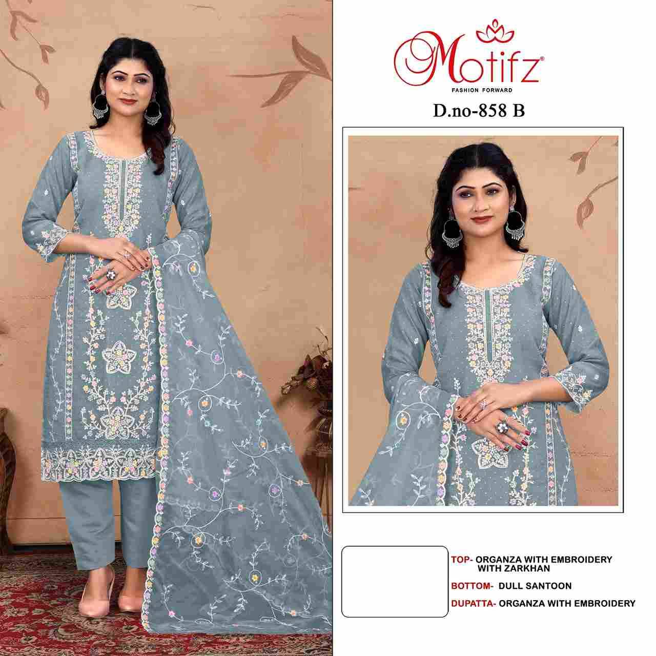 Motifz Hit Design 858 Colours By Motifz 858-A To 858-D Series Beautiful Pakistani Suits Colorful Stylish Fancy Casual Wear & Ethnic Wear Organza Embroidered Dresses At Wholesale Price