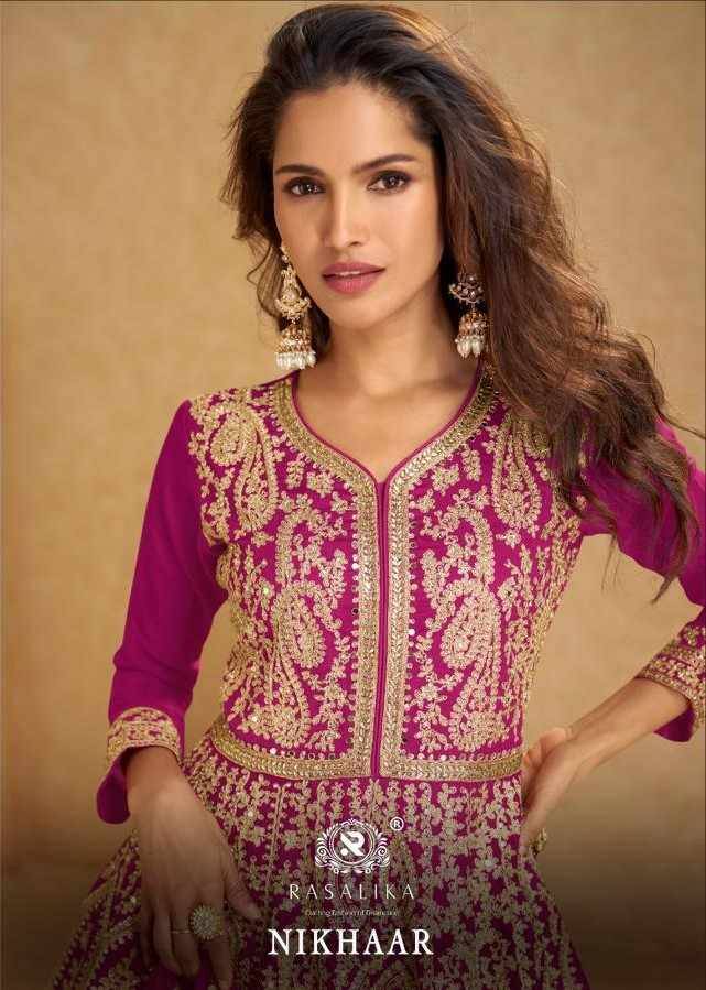 Nikhaar By Rasalika 4101 To 4104 Series Designer Sharara Suits Beautiful Fancy Colorful Stylish Party Wear & Occasional Wear Heavy Chinnon Silk Dresses At Wholesale Price