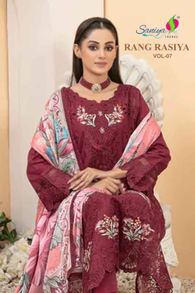Rang Rasiya Vol-7 By Saniya Trendz 7001 To 7005 Series Beautiful Pakistani Suits Colorful Stylish Fancy Casual Wear & Ethnic Wear Cotton Embroidered Dresses At Wholesale Price