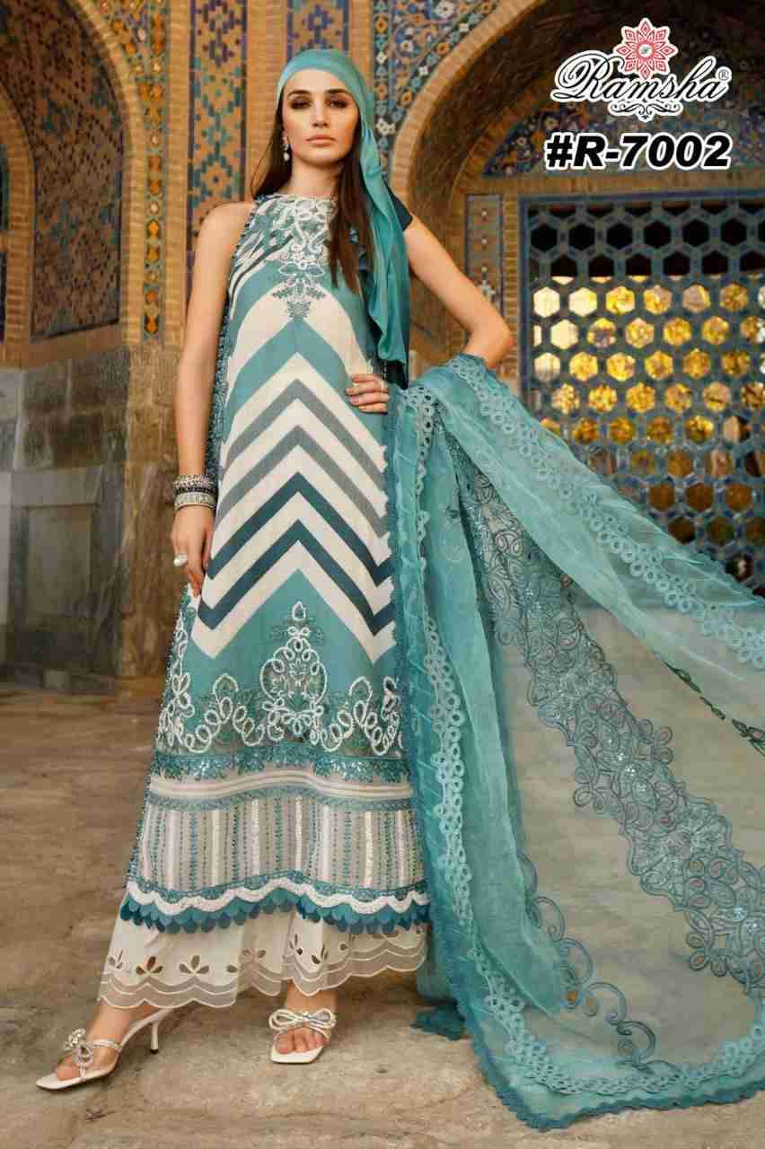 Riwaj Lawn Collection By Ramsha 7001 To 7004 Series Designer Pakistani Suits Beautiful Stylish Fancy Colorful Party Wear & Occasional Wear Cambric Embroidered Dresses At Wholesale Price