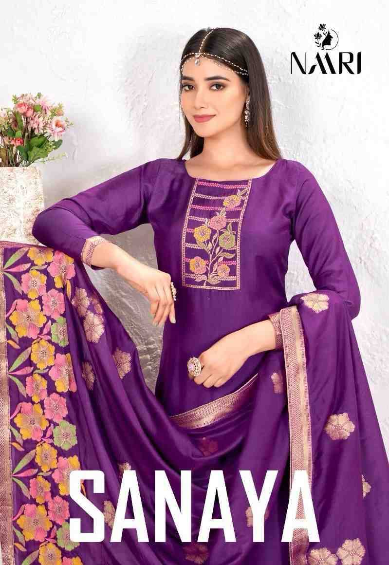 Sanaya By Naari 128001 To 128004 Series Beautiful Stylish Festive Suits Fancy Colorful Casual Wear & Ethnic Wear & Ready To Wear Muslin Jacquard Dresses At Wholesale Price