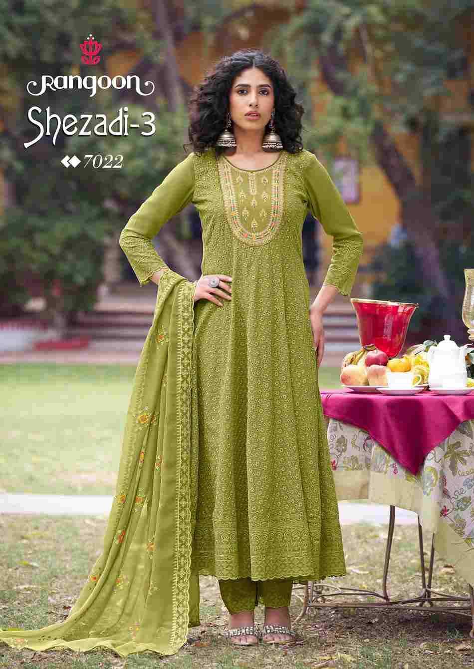 Shezadi Vol-3 By Rangoon 7021 To 7024 Series Designer Festive Suits Beautiful Stylish Fancy Colorful Party Wear & Occasional Wear Georgette With Work Dresses At Wholesale Price