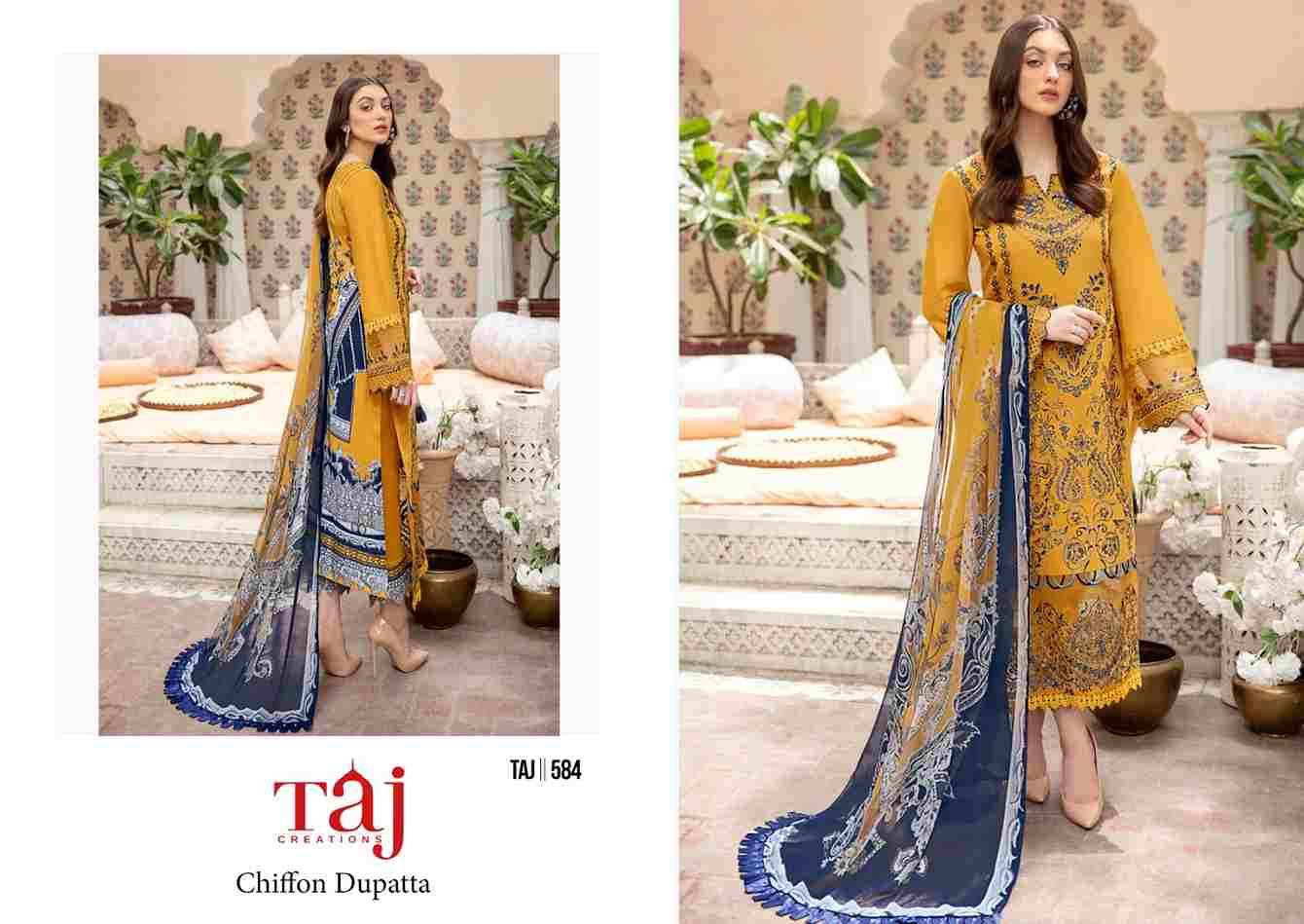 Taj Hit Design 584 By Taj Creation Beautiful Pakistani Suits Colorful Stylish Fancy Casual Wear & Ethnic Wear Pure Cotton Print With Embroidered Dresses At Wholesale Price