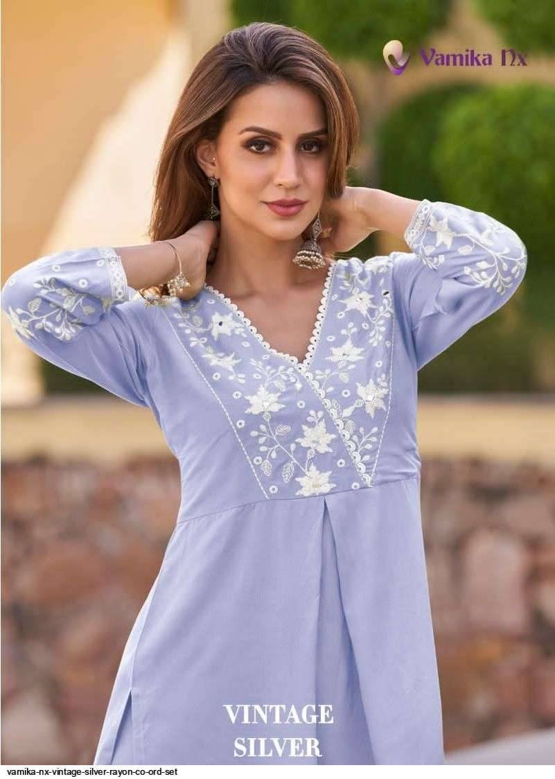 Vintage Silver By Vamika 903-A To 903-E Series Designer Stylish Fancy Colorful Beautiful Party Wear & Ethnic Wear Collection Heavy Rayon Kurtis With Bottom At Wholesale Price